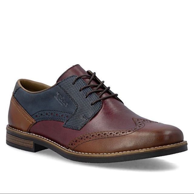 Men's multi-toned brown and navy leather wingtip oxford shoe with lace closure and dark outsole. Style #13528-90