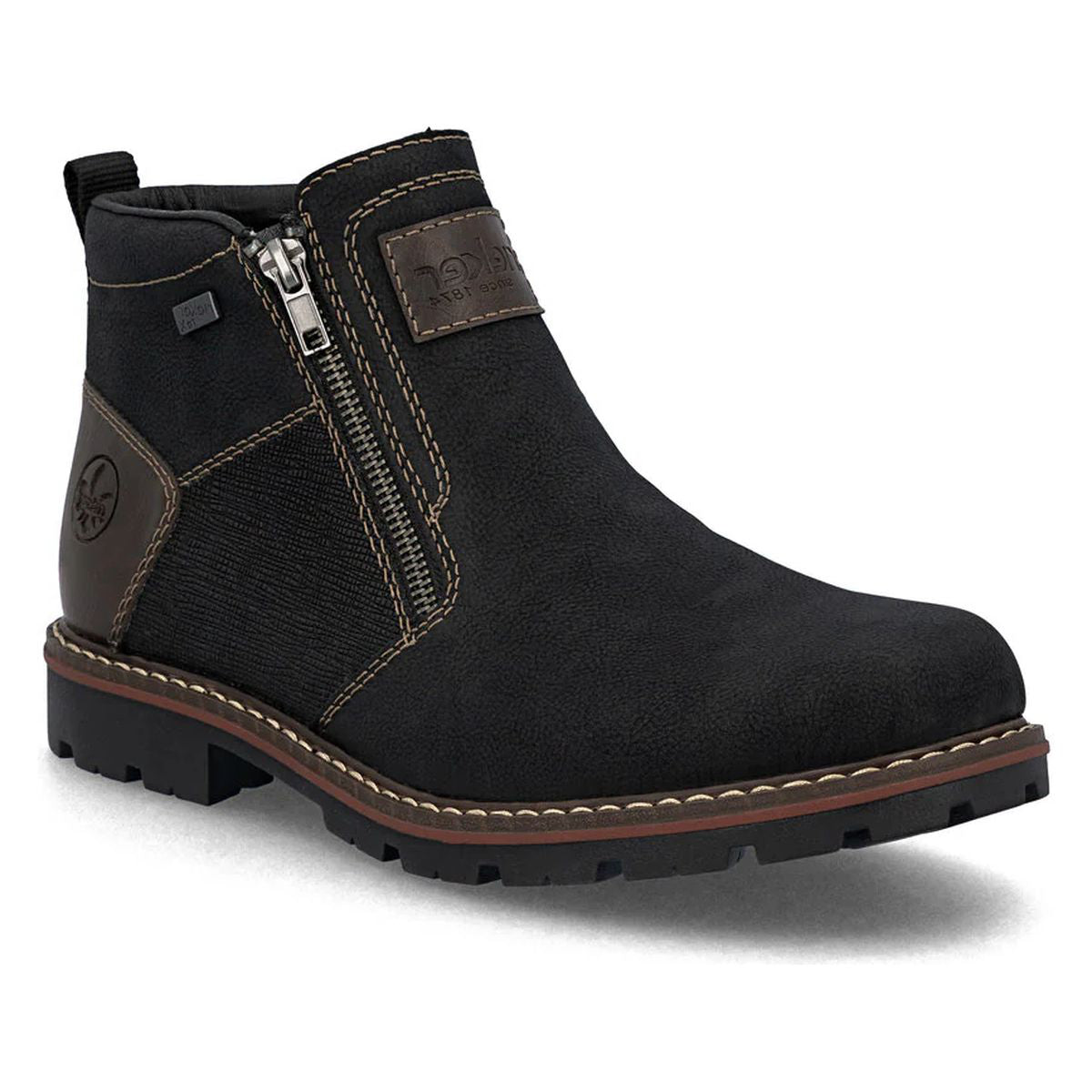 Men's black synthetic ankle boot with brown logo patch, single silver side zipper, contrast stitching, and a thick, lugged sole. Style #37770.