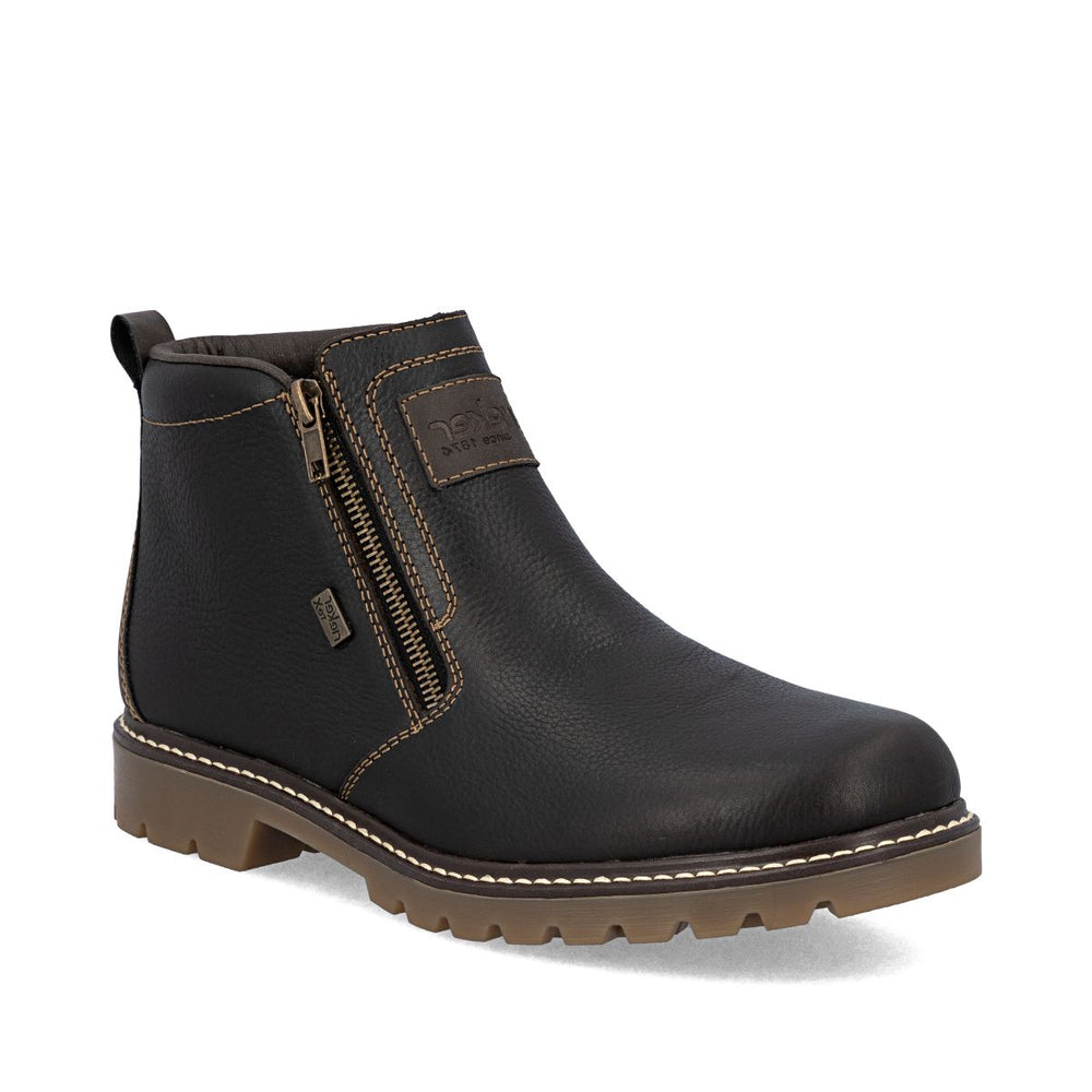Men's dark brown leather waterproof ankle boot with dual side zippers, contrast stitching, and gum lug sole. Style #39871-25