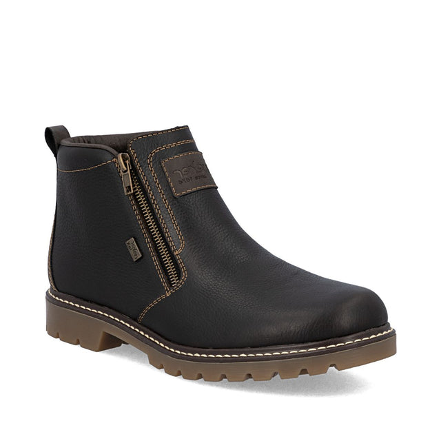 Men's dark brown leather waterproof ankle boot with dual side zippers, contrast stitching, and gum lug sole. Style #39871-25