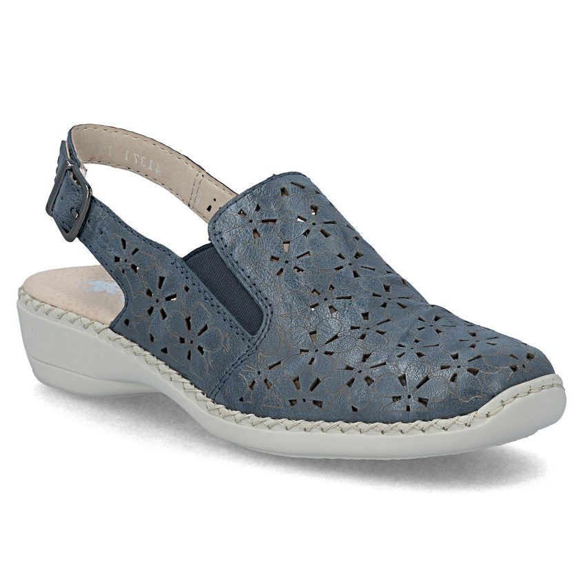 Women's blue leather closed-toe sandal with laser-cut floral patterns, an adjustable slingback, and grey sole. Style #41371-12