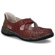Red leather Mary Jane shoe with decorative perforations, cross-strap, and a textured shock-absorbing sole. Style #46352-33