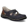 Grey leather Mary Jane shoe with decorative perforations, cross-strap, and a textured shock-absorbing sole. Style #46352-45