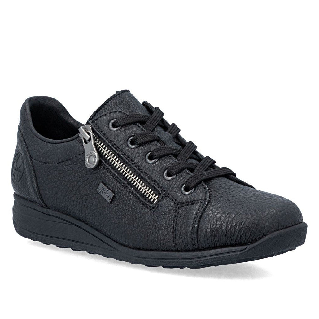 Black textured leather shoe featuring side zipper, lace closure, and matching black sole. Style # 47202-00