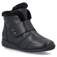 Rieker black waterproof leather winter ankle boot with plush faux-fur collar and adjustable velcro strap. Style #47268-00