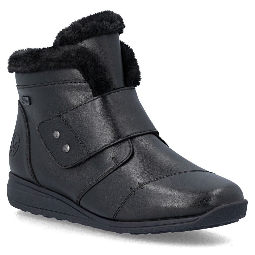 Rieker black waterproof leather winter ankle boot with plush faux-fur collar and adjustable velcro strap. Style #47268-00
