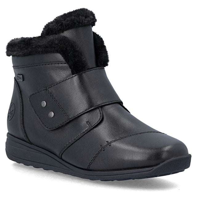 Rieker black waterproof leather winter ankle boot with plush faux-fur collar and adjustable velcro strap. Style #47268-00