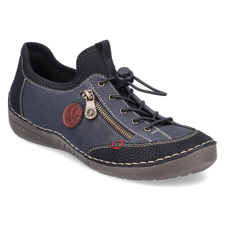 Blue textured leather women’s sneaker with speed lacing, a bronze side zipper, and a contrast stitched grey sole. Style #52563-00