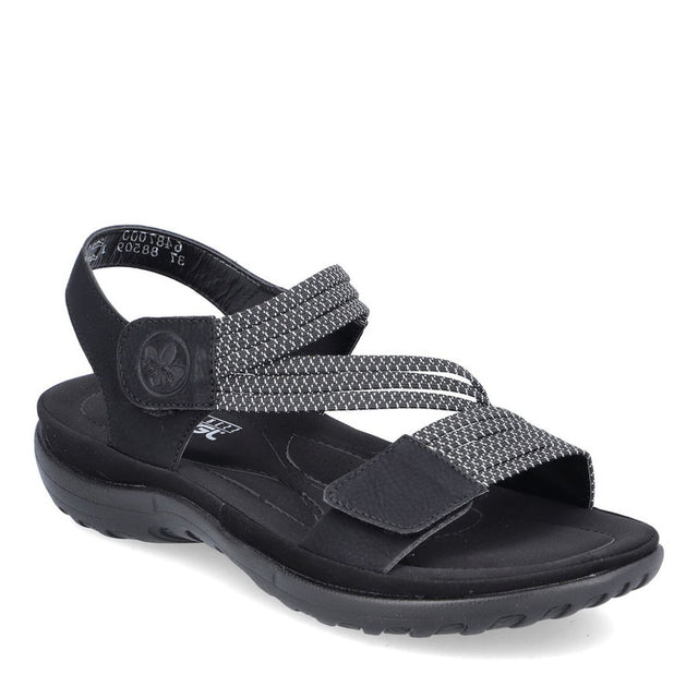 Women's black sandal with textured cross straps, Velcro closure, and a cushioned sole. Style #64870-00.