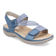 Rieker 64870 women’s Velcro sandal in blue with cushioned footbed, adjustable straps, and lightweight sole – available at Walking on a Cloud Canada.