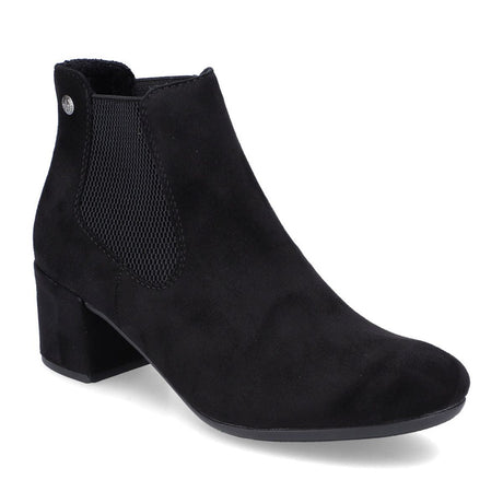 Black ankle boot with a block heel and elastic side panel, on a white background. Rieker 70284 Graphite Black Womens Ankle Boots