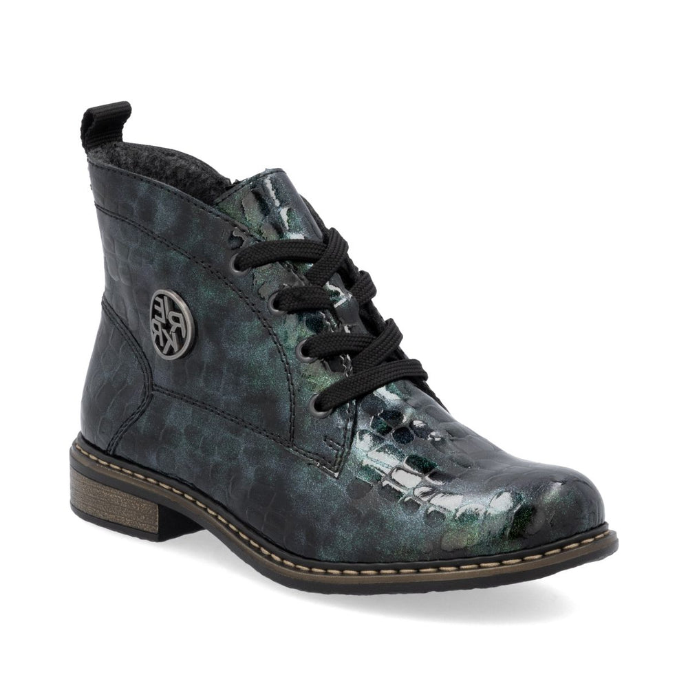 Women's dark green metallic croc-embossed ankle boot with black laces, side logo badge, and low block heel. Style #71205-90