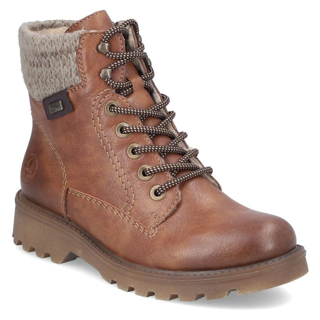 Rieker tan brown mid-height boot with grey knit collar, patterned laces, metal eyelets, and lugged rubber sole. Style #73220-24