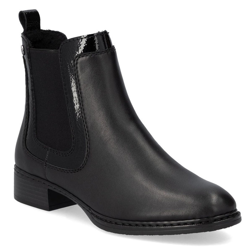 Elegant black leather dress boot with a low heel and patent detail, side zipper, and velvet fur lining visible. Rieker 73457