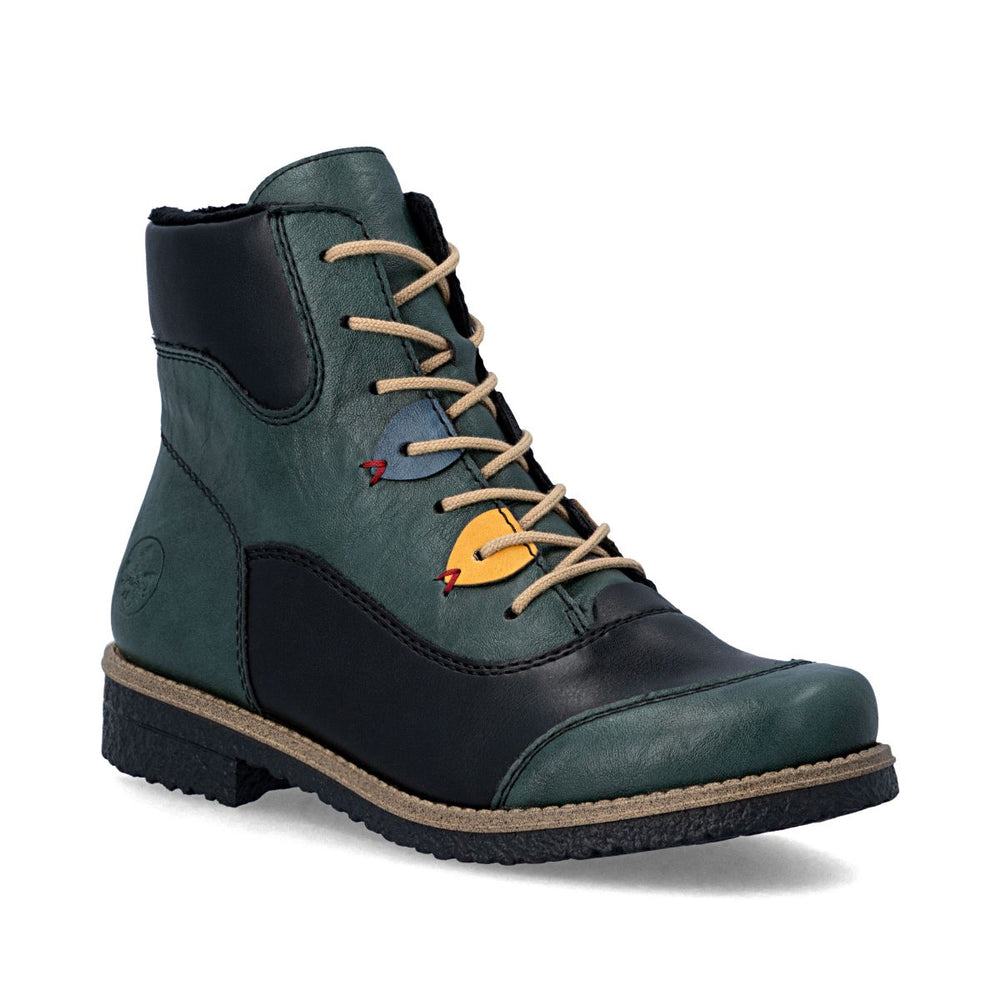 Green and black leather mid-height lace-up boot with yellow and blue eyelet accents and dark sole. Style #73510-90