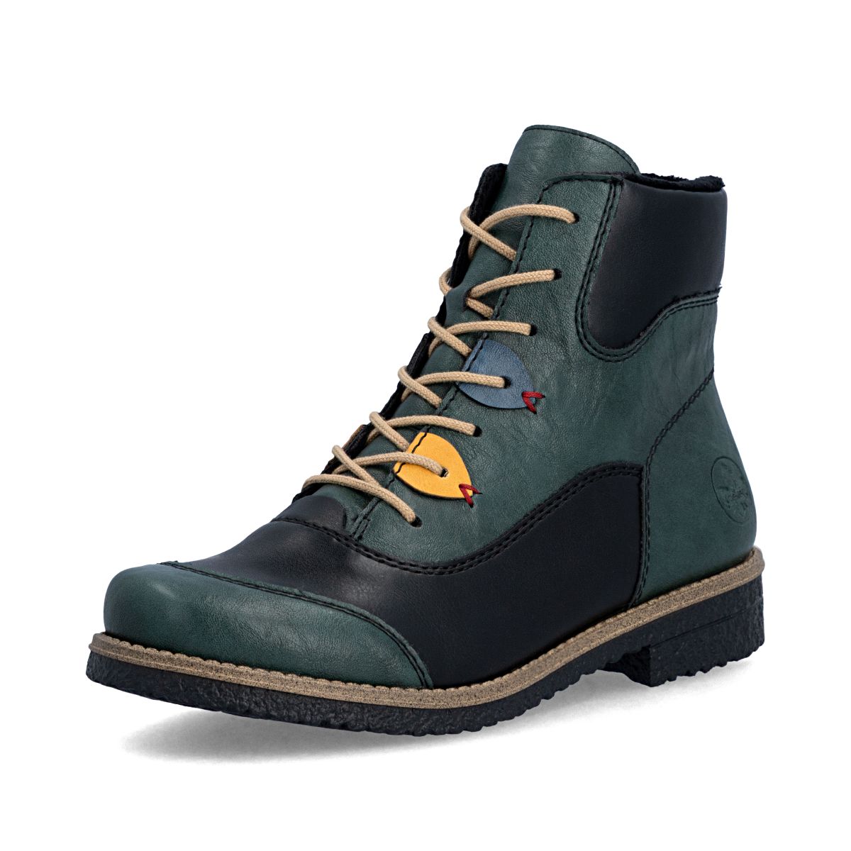 Green and black leather mid-height lace-up boot with yellow and blue eyelet accents and dark sole. Style #73510-90
