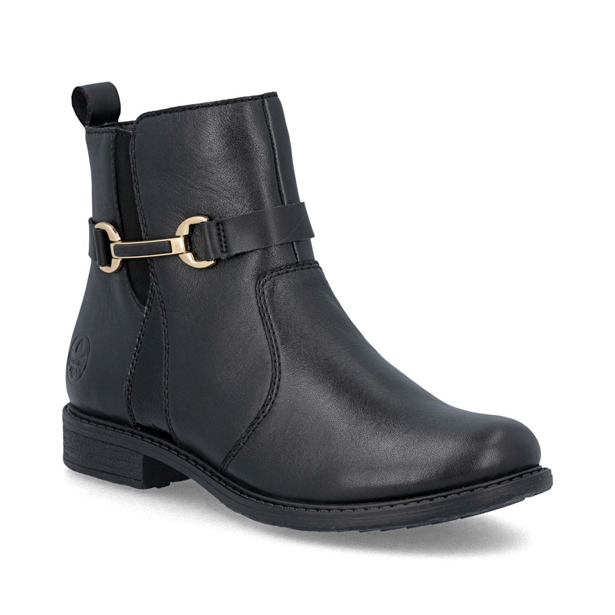Black leather ankle boot with metallic gold horsebit buckle strap detail and low block heel. Style # 74856-00