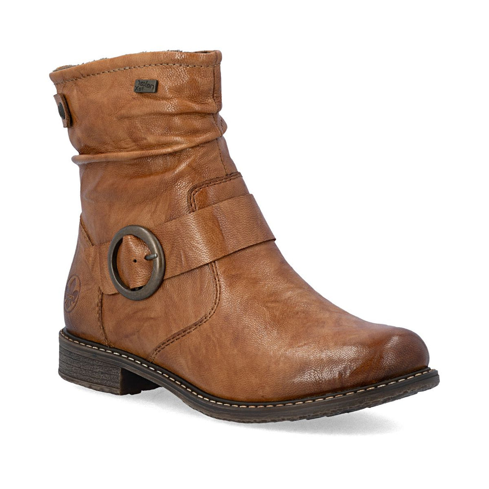 Cognac brown ruched leather short boot with wrap strap, round buckle, and low stacked heel. Style # 74857-22