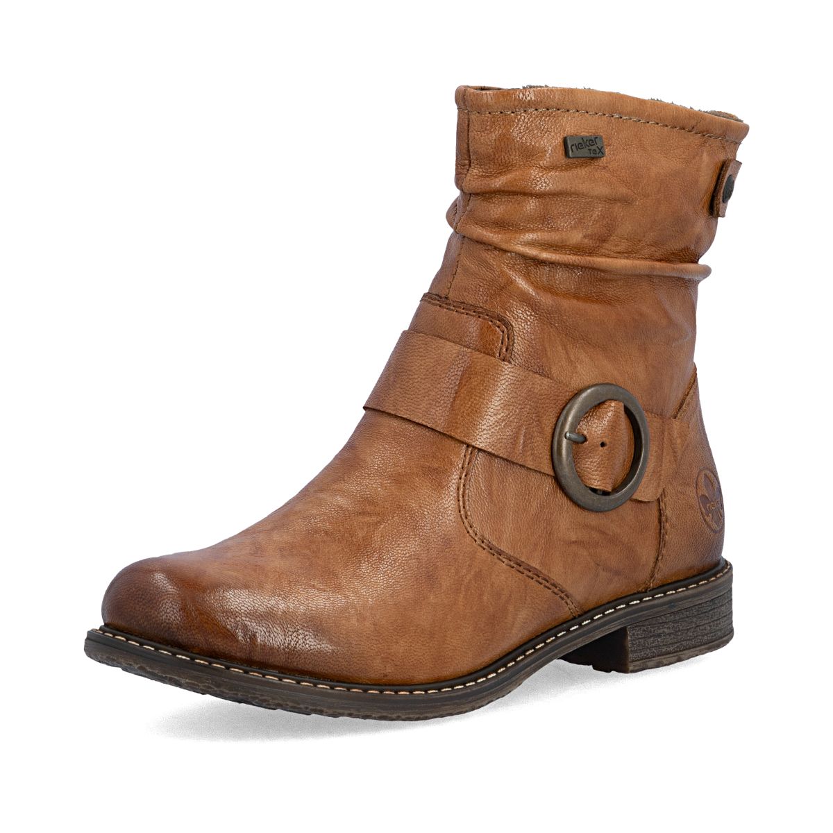 Cognac brown ruched leather short boot with wrap strap, round buckle, and low stacked heel. Style # 74857-22