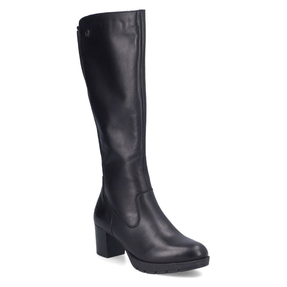 Black leather tall knee-high boot with side zip closure, cushioned footbed, and mid block heel. Style # 77684-00