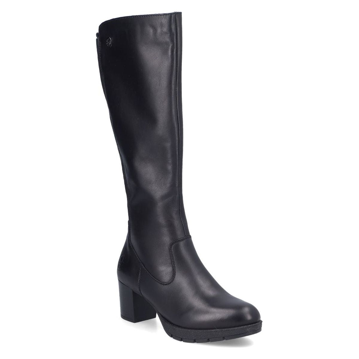 Black leather tall knee-high boot with side zip closure, cushioned footbed, and mid block heel. Style # 77684-00