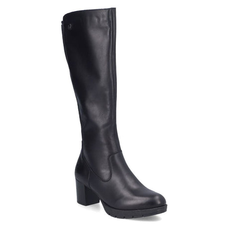 Black leather tall knee-high boot with side zip closure, cushioned footbed, and mid block heel. Style # 77684-00