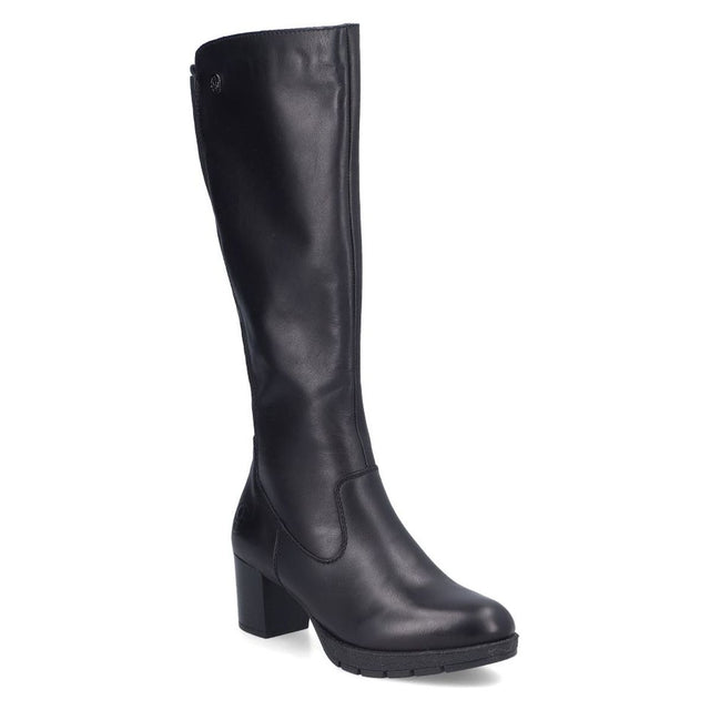 Black leather tall knee-high boot with side zip closure, cushioned footbed, and mid block heel. Style # 77684-00