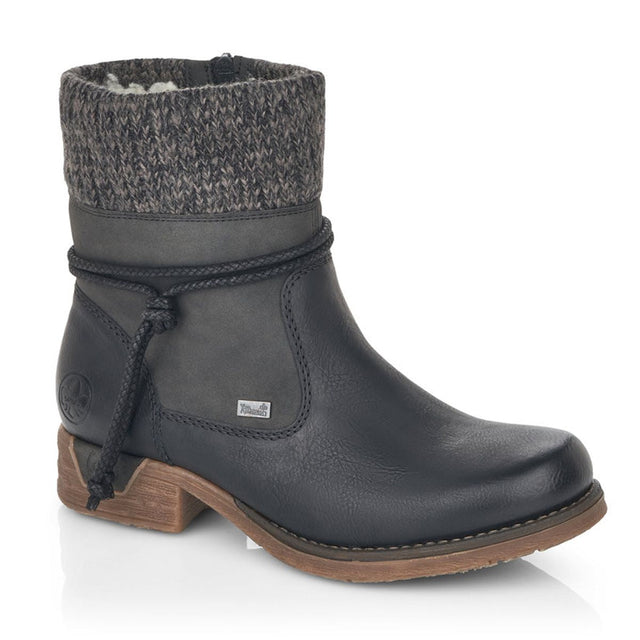 Black Rieker ankle winter boots with a gray cuff and a block heel, featuring a zipper and cord detail. Rieker 79688 Womens Winter Boots with RiekerTEX