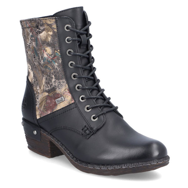 A pair of women's black lace-up boots with a camouflage detail on the side and a low heel. Rieker 93614-00