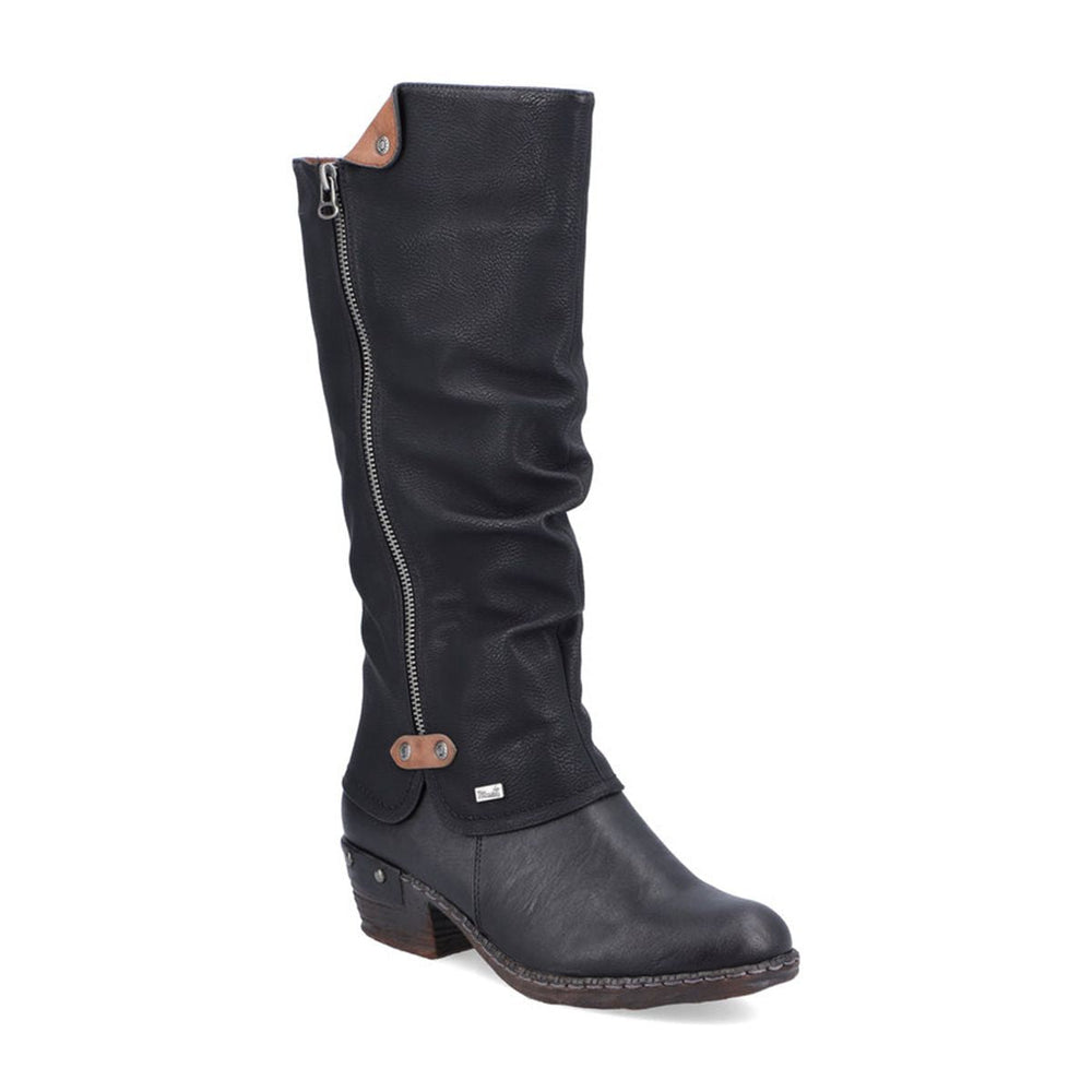 A pair of black, synthetic leather, Rieker high boots for women with a block heel and side zipper, designed for winter wear. Style 93655-00