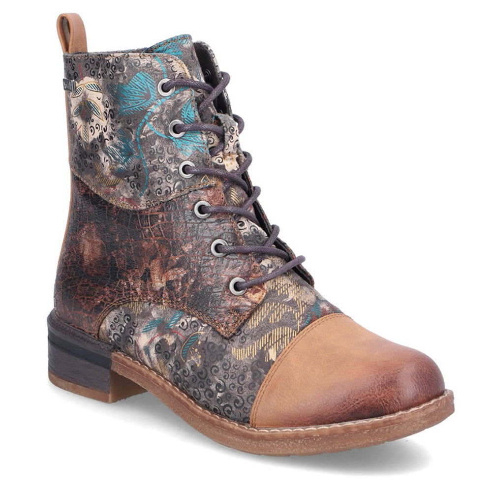 A pair of women's lace-up ankle boots with a floral pattern on the upper, crafted from synthetic leather in multicolor, brown, and tan, with a low heel and warm lining. Rieker Womens 94611 