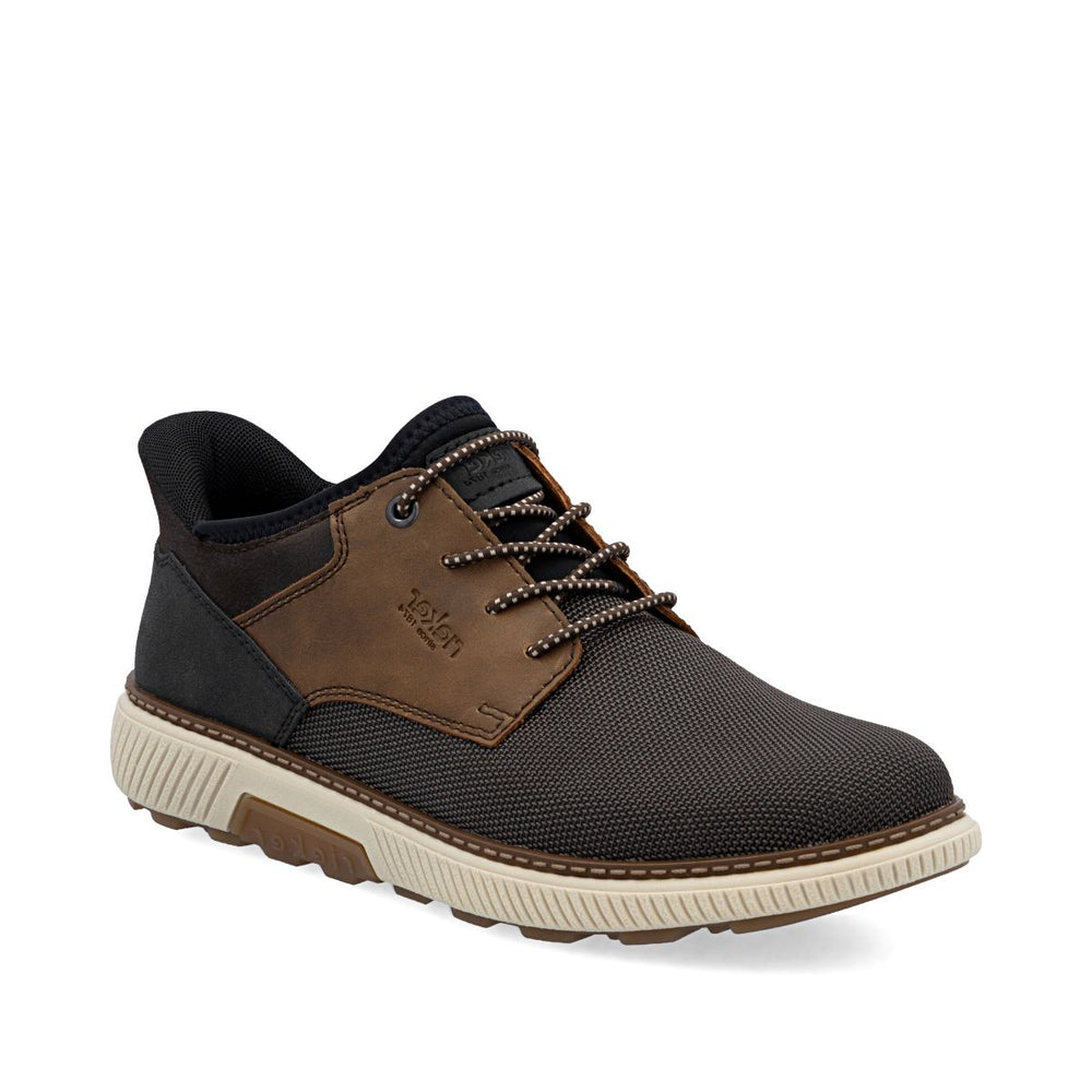 Men's brown mesh and leather wide-fit sneaker with lace-up front, sock-like collar, and white rubber sole. Style #B3357-25