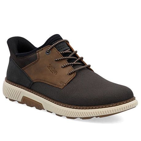 Men's brown mesh and leather wide-fit sneaker with lace-up front, sock-like collar, and white rubber sole. Style #B3357-25