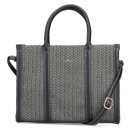 Women's black and white woven tote bag with black trim, double top handles, and adjustable shoulder strap. Style #H1013-92