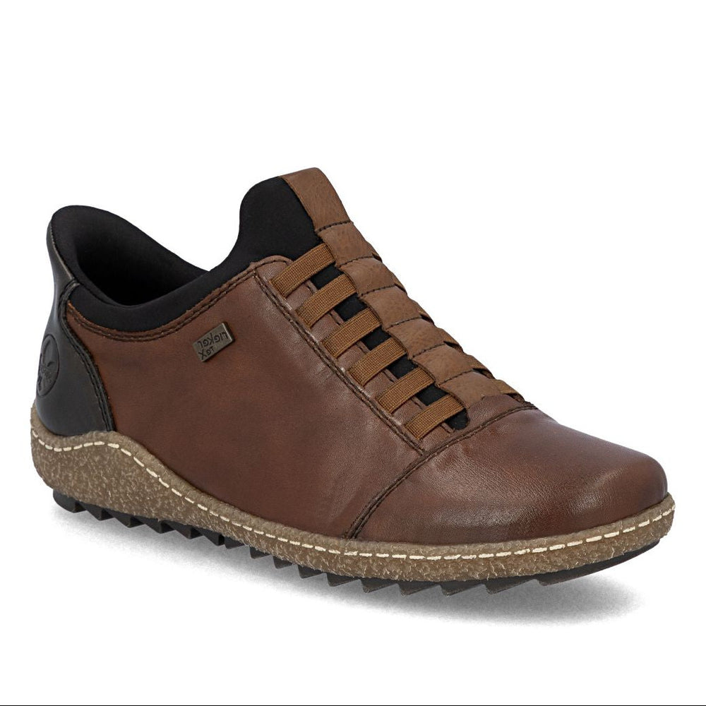 Brown leather slip-on shoe with elastic band vamp, black heel tab, and textured gum outsole. Style #L7562-22