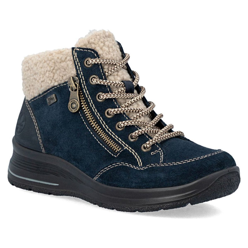Rieker navy blue suede ankle boot with shearling collar, side zipper, contrast stitching, and laces. Style #L7701-14