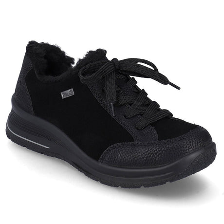 A black suede lace-up shoe with a wedge heel and sport sole, designed for women. Rieker L7702-00
