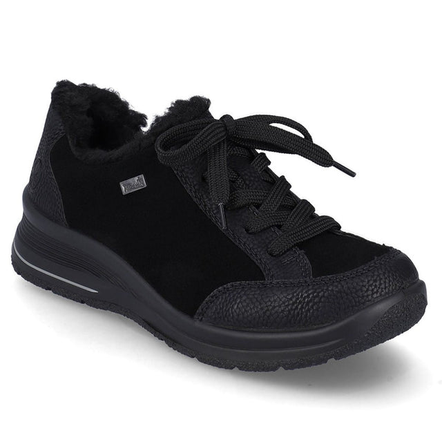 A black suede lace-up shoe with a wedge heel and sport sole, designed for women. Rieker L7702-00