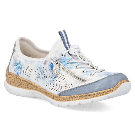 White sneaker with blue floral patterns, side zipper, bungee laces, and a cork-textured midsole. Style #N42K6-90