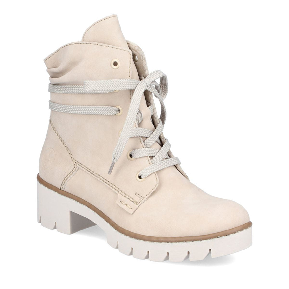 A beige lace-up boot with a block heel and a zipper on the side. Rieker X5717-62