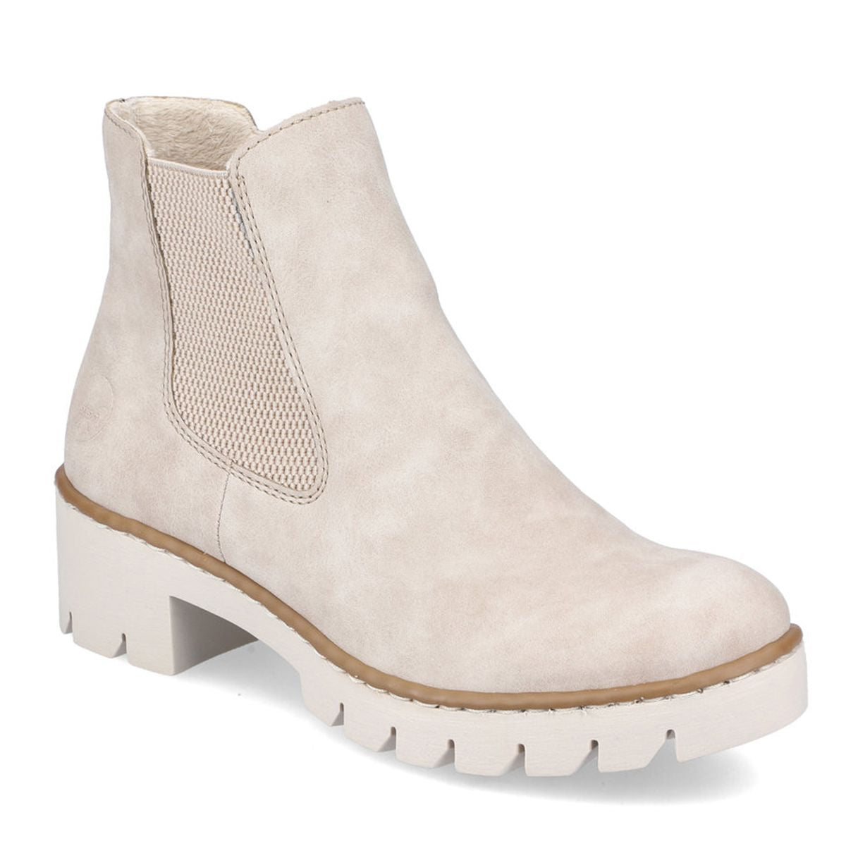 A light beige Chelsea boot with a block heel and elastic side panels. Rieker x5772-60