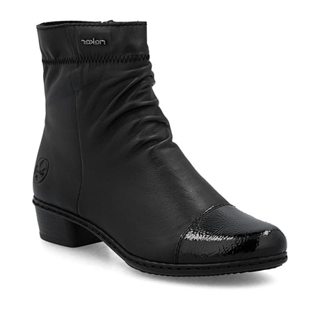 Black leather mid-height boot with ruched shaft, glossy patent toe cap, side zip, and low block heel. Style # Y0773-00