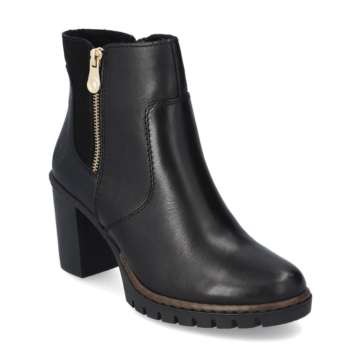 A black leather ankle boot with a zipper on the side and a block heel, designed for women. Rieker Y2557-00