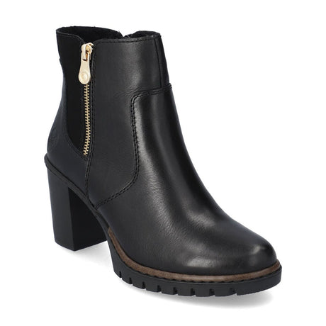 A black leather ankle boot with a zipper on the side and a block heel, designed for women. Rieker Y2557-00