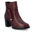 Deep red leather dress ankle boot with wrapped ankle tie detail, side zip, and high block lug sole. Style # Y2567-35