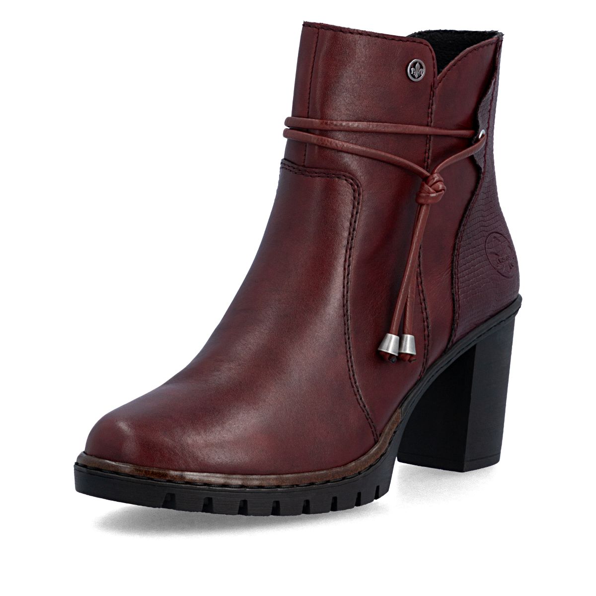 Deep red leather dress ankle boot with wrapped ankle tie detail, side zip, and high block lug sole. Style # Y2567-35