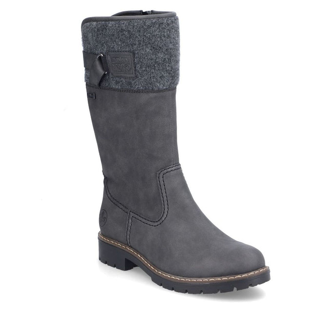 Rieker grey tall waterproof winter boot featuring a wool felt collar, decorative buckle strap, and lug sole. Style #Y9190-45