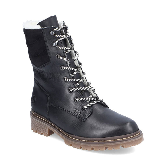 A black Rieker lace-up boot with a low block heel, made of smooth leather, featuring a combination of lacing and zipper closure. Features a flip Grip for traction on snow/ice. Rieker Y9232-00