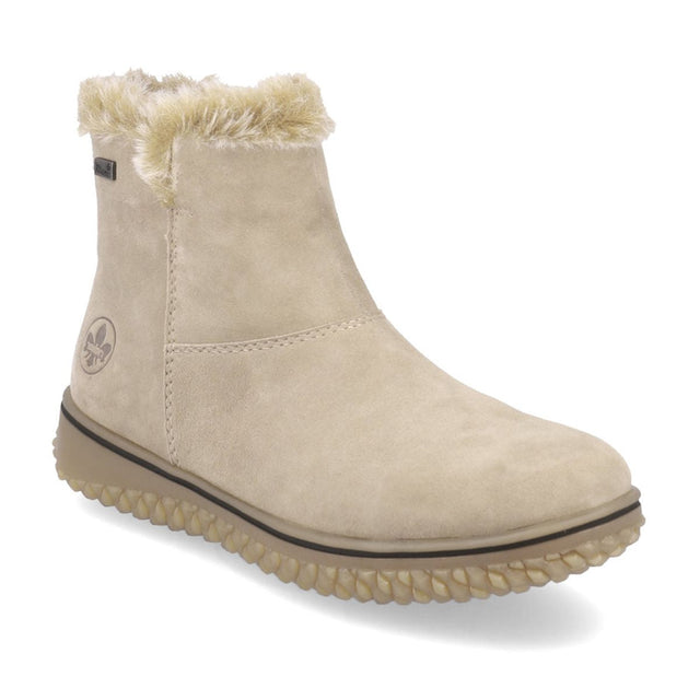 Low suede boot fashion boot in beige with side zipper for easy on off. Rieker Z4266-62