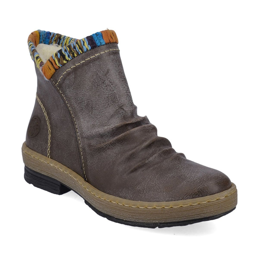 A pair of women's grey ankle boots with a colorful cuff lining, designed for fall and winter wear. Rieker Z6755-45